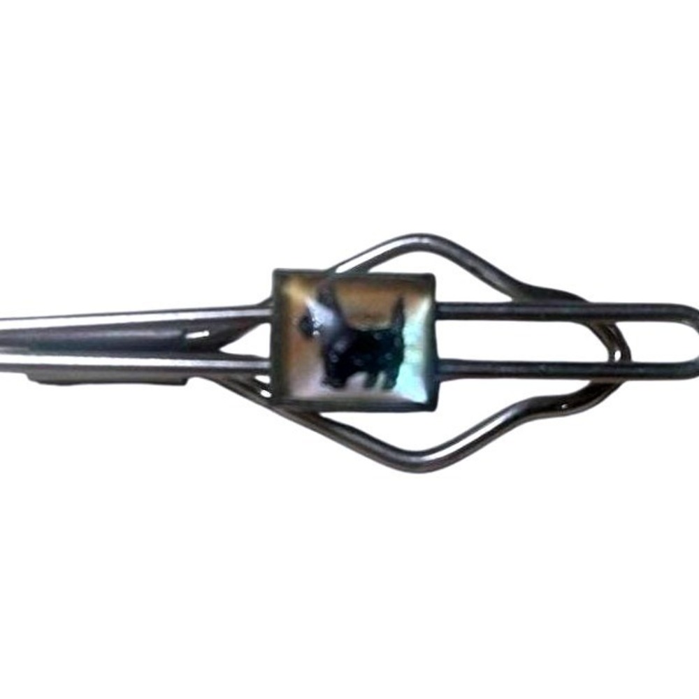 Mens Silver Tone Tie Clip with Square Black and White Dog Motif